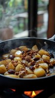 Steaming hot potatoes with walnuts and dried fruits cooking in cast iron pan over open flame, creating rustic autumn comfort food with rising steam.