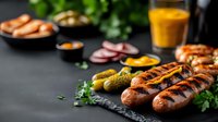 Grilled sausages with mustard, pickles and fresh herbs served on black stone board. Dark moody food photography with orange juice and buns.