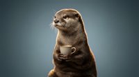 Adorable otter holding coffee cup on gradient background, anthropomorphic animal character for humorous advertising and creative projects.