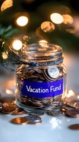 Glass jar labeled vacation fund filled with coins against blurred holiday lights background, symbolizing financial planning and travel savings goals.