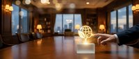 Global business connectivity concept with hand holding glowing globe icon on modern office table, representing international commerce and digital networking solutions.