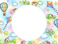 Colorful children frame with hot air balloons, kites, houses, stars and clouds on pastel rainbow background. Copy space for text or design elements.