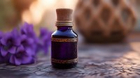 Purple glass bottle with ornate metallic details and cork stopper on textured surface near violet flowers, creating mystical apothecary atmosphere for wellness and spa designs.