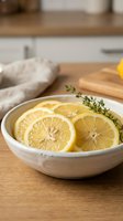 Fresh lemon slices with thyme herbs in ceramic bowl on wooden kitchen counter for cooking and culinary preparation.