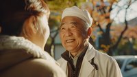 Senior Asian man smiling warmly during conversation outdoors on sunny autumn day, wearing casual jacket and cap, genuine emotional connection and active aging concept.