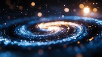 Spiral galaxy with glowing blue and gold cosmic dust swirling in deep space, stars and nebula creating mesmerizing celestial formation against dark background.