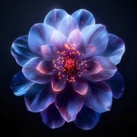 Glowing blue and purple dahlia flower with luminescent petals and vibrant center against dark background, creating ethereal botanical art.