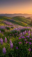 Purple lupine wildflowers bloom across rolling green hills at golden hour sunset with mountain silhouettes creating serene pastoral landscape for nature photography.