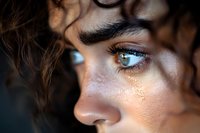 Close up portrait showing bright blue eyes and freckles of young mixed race woman with curly hair in dramatic lighting, side view profile.