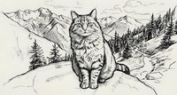 Hand-drawn tabby cat sitting in mountain landscape with pine trees and peaks. Vintage sketch style illustration for outdoor adventure designs.