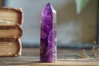 Purple amethyst crystal tower on wooden surface with vintage books, spiritual healing gemstone for meditation and energy work practices.