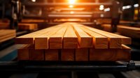 Stack of wooden lumber planks in carpentry workshop with warm lighting and blurred background for construction and woodworking projects.