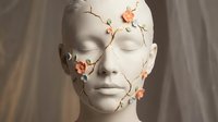 Surreal portrait of serene woman with closed eyes and delicate pink roses growing from cracks in her porcelain-like skin against soft draped fabric background.