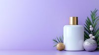 White cosmetic bottle with gold cap surrounded by festive ornaments and pine branches on purple gradient background for holiday beauty campaigns.