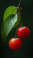 Fresh ripe cherries hanging on branch with green leaves against dark background, showcasing vibrant red fruit for food photography.