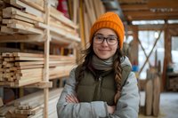 Young Caucasian female carpenter in workshop wearing orange beanie, glasses and winter vest, standing confidently with crossed arms near wooden planks storage.