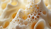 Macro view of porous organic structure with honeycomb-like cavities in cream and yellow tones, resembling bone tissue or natural sponge formation.