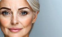 Confident mature Caucasian woman with platinum blonde hair, bright blue eyes and natural makeup smiling warmly against light background, showcasing aging gracefully.