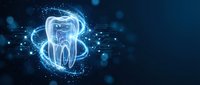 Digital tooth hologram with glowing blue energy rings and particles on dark background for dental technology and healthcare innovation concepts.