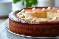 Homemade baked cheesecake with golden brown crust and white chocolate drops on top, served on ceramic plate. Close up view shows rich, creamy texture.