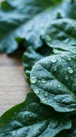 Fresh kale leaves with water droplets on wooden surface, organic leafy greens for healthy cooking and nutrition concepts.