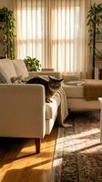 Cozy living room with tabby cat relaxing on beige sofa, warm sunlight filtering through curtains, houseplants and wooden floors creating peaceful home atmosphere.