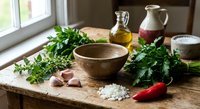 Fresh herbs parsley basil with garlic salt olive oil wooden bowl on rustic kitchen table by window. Cooking ingredients for Mediterranean cuisine preparation.