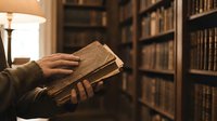 Person reading vintage book in cozy library with wooden shelves and warm lamp lighting creating scholarly atmosphere for education and research.