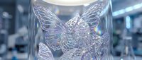 Intricate crystal butterfly sculpture encased in transparent glass cylinder with prismatic light reflections creating ethereal laboratory display piece.