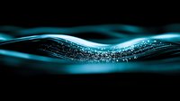 Glowing turquoise wave with sparkling particles flowing in dark space creates dynamic motion effect, suitable for technology and abstract backgrounds.