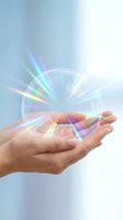 Open hands holding glowing energy sphere with rainbow light rays and magical sparkles on soft blue gradient background for healing and wellness concepts.
