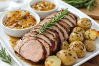 Sliced tender pork tenderloin served with roasted baby potatoes and herb garnish on white plate, accompanied by creamy sauce in bowls, fresh rosemary sprigs.
