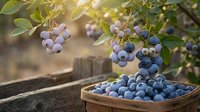 Fresh blueberries in wooden basket with blueberry bush branches and ripe berries in warm sunlight for healthy organic food and harvest concepts.