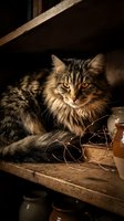 Long-haired tabby cat with striking amber eyes resting on wooden shelf against dark background. Suitable for pet, animal, and lifestyle content.