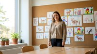 Smiling young Caucasian female teacher standing in classroom with children drawings on cork board wall, bright modern school environment.