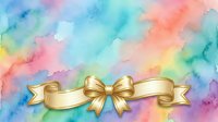 Watercolor background with soft pastel colors in blue, pink, yellow, and green tones featuring a gold ribbon bow banner in center, suitable for greeting cards, invitations, and design projects.