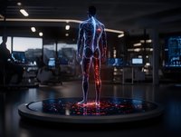 Futuristic holographic projection showing male anatomy with glowing skeletal and nervous systems on circular platform in dark medical laboratory setting.