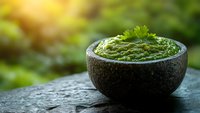 Fresh green pesto sauce in rustic stone bowl on dark background with natural sunlight and bokeh effect, traditional Italian cuisine preparation.