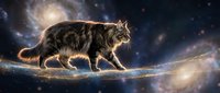Majestic tabby cat walking on cosmic rope bridge through starry galaxy space with nebula clouds and celestial light effects for fantasy artwork.
