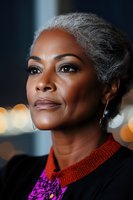 Elegant mature African American woman with natural gray hair and flawless makeup wearing colorful knitwear, photographed in atmospheric evening lighting with bokeh background.