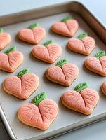 Heart-shaped peach cookies with green leaf decorations arranged on baking sheet, homemade decorated sugar cookies for Valentine's Day celebrations and romantic occasions.
