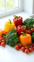 Fresh colorful vegetables including bell peppers, broccoli and cherry tomatoes arranged on white kitchen counter near window for healthy cooking and nutrition.
