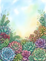 Watercolor succulent garden frame with colorful plants and soft pastel background for botanical designs and natural decorative projects.