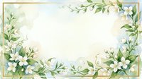 Watercolor floral frame with white jasmine flowers and green leaves on soft pastel background with golden border, copy space for text.