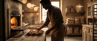 Male baker with dark hair and medium build working with dough at wooden counter in rustic bakery kitchen with warm lighting, traditional oven, and shelves of baking supplies and finished loaves.