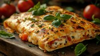 Fresh baked stromboli filled with melted cheese, tomatoes and herbs on wooden cutting board garnished with basil leaves and cherry tomatoes.