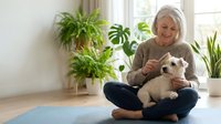 Senior woman with white hair, Caucasian ethnicity, sitting cross-legged on yoga mat holding white fluffy cat indoors surrounded by potted plants and natural light from window.