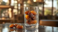 Fresh organic dates in clear glass with warm bokeh background, healthy dried fruit snack on wooden table surface for natural food photography.