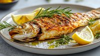 Grilled whole fish seasoned with herbs and spices, served on white plate with fresh rosemary sprigs and lemon wedges garnish, close up view of Mediterranean cuisine.