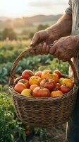 Senior farmer hands holding wicker basket full of fresh ripe tomatoes in organic garden during golden hour sunset for healthy eating and agriculture.